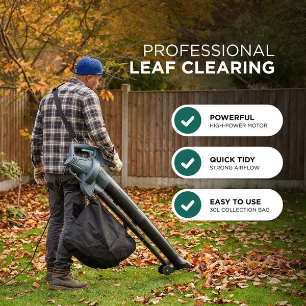Electric Garden Leaf Blower Vacuum with Variable Speed, 30L Bag & 8m Cable 3500W
