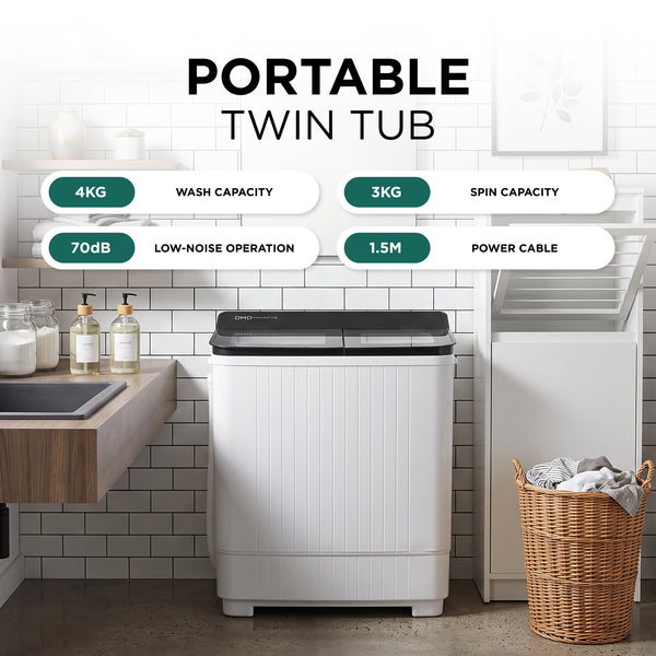 Portable Twin Tub Washing Machine – 4kg Wash, 3kg Spin Dryer