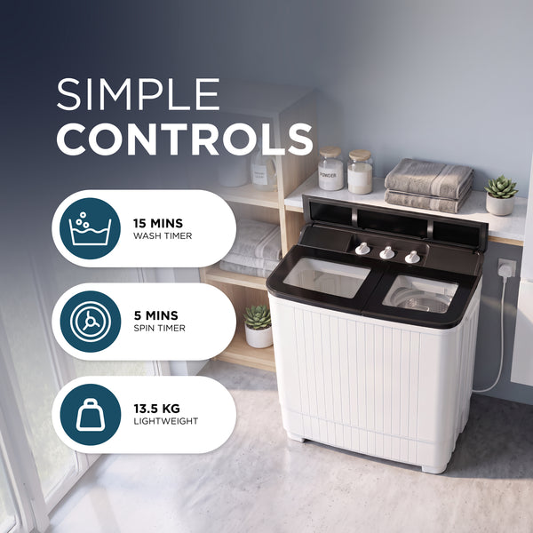 Portable Twin Tub Washing Machine – 4kg Wash, 3kg Spin Dryer