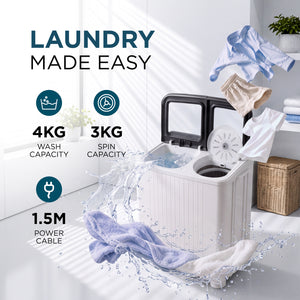 Portable Twin Tub Washing Machine – 4kg Wash, 3kg Spin Dryer