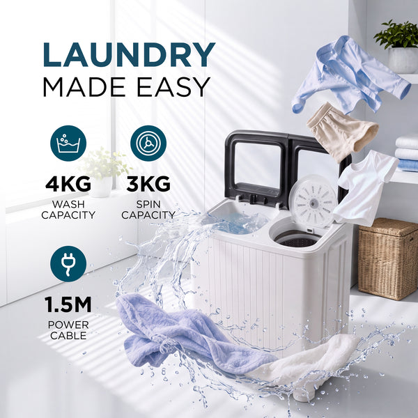 Portable Twin Tub Washing Machine – 4kg Wash, 3kg Spin Dryer
