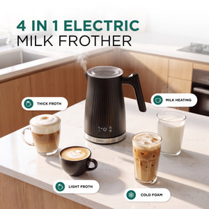 4 in 1 Electric Milk Frother & Warmer, Hot & Cold Foam, 300ml - Black