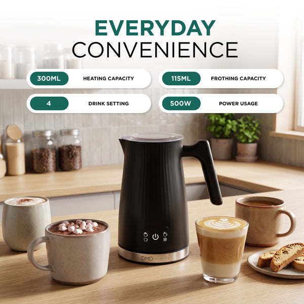 4 in 1 Electric Milk Frother & Warmer, Hot & Cold Foam, 300ml - Black