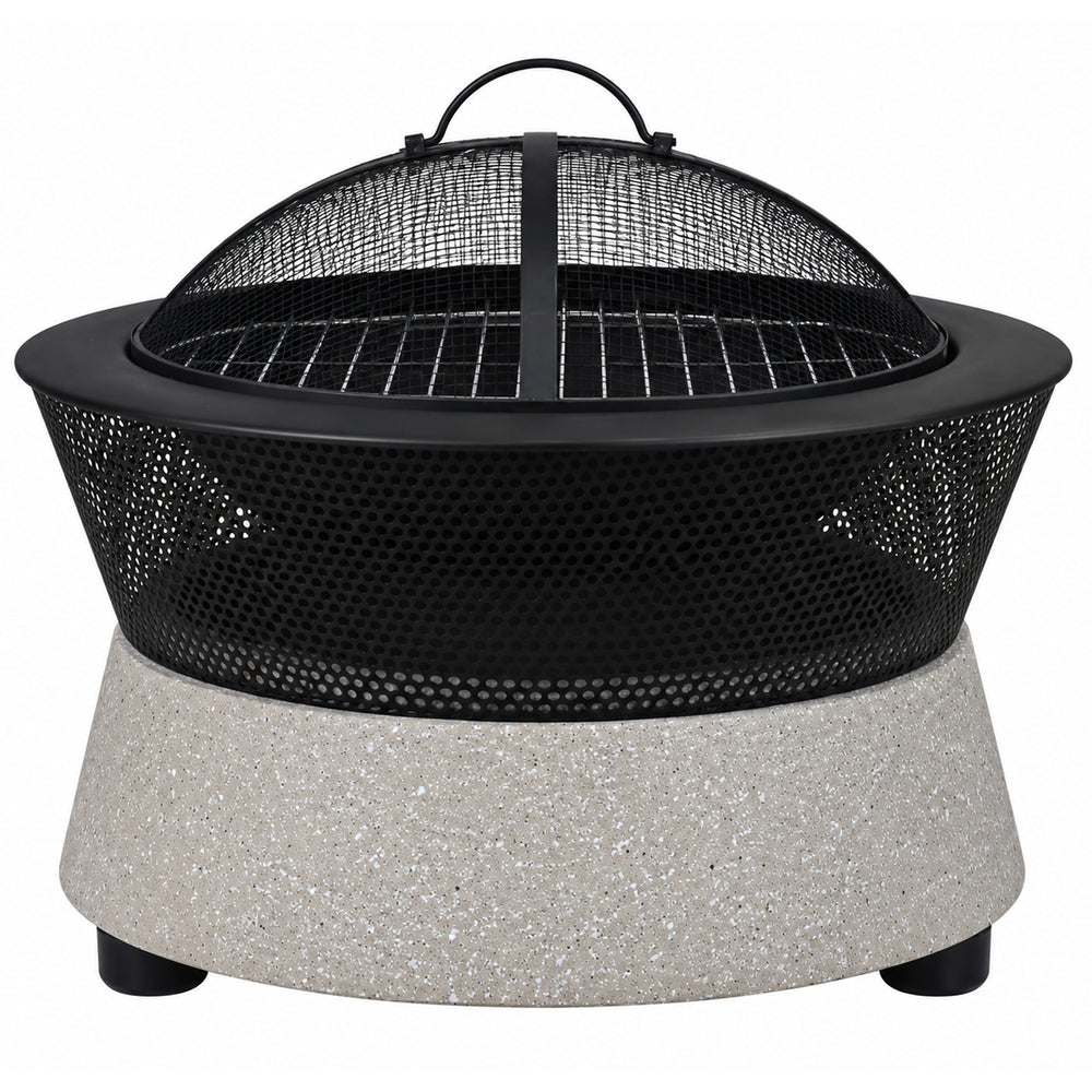 Round BBQ & Fire Pit, MGO Stone Effect Outdoor Garden Fire Bowl with Mesh Spark Guard - 54.5cm