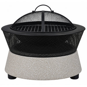 Round BBQ & Fire Pit, MGO Stone Effect Outdoor Garden Fire Bowl with Mesh Spark Guard - 54.5cm