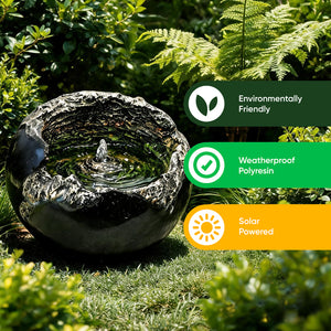 Solar Powered Rock Bowl Water Feature with LED Light & Battery Backup – Garden Fountain for Patio, Decking & Outdoor Spaces