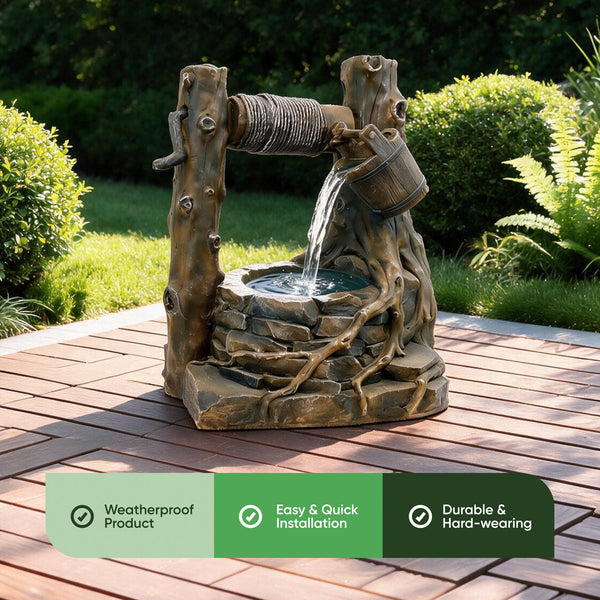 Solar Powered Rustic Brick Well Water Feature with Battery Backup