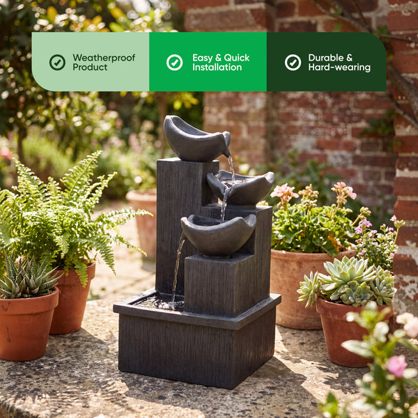 Solar-Powered 3-Tier Cascading Slate Water Feature with Battery Backup