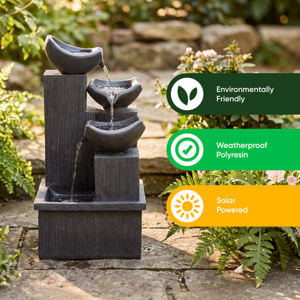 Solar-Powered 3-Tier Cascading Slate Water Feature with Battery Backup