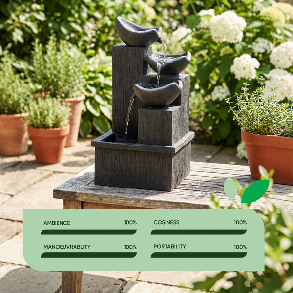 Solar-Powered 3-Tier Cascading Slate Water Feature with Battery Backup