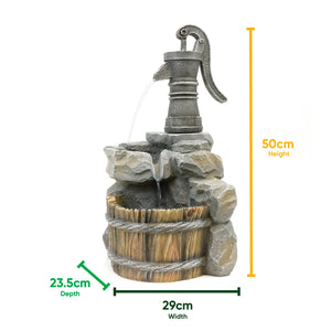 Solar Powered Hand Pump Well Water Feature with Battery Backup