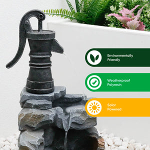 Solar Powered Hand Pump Well Water Feature with Battery Backup