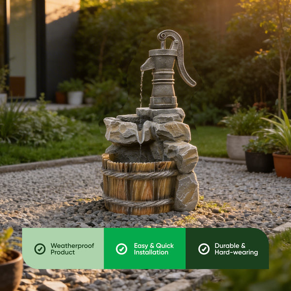 Solar Powered Hand Pump Water Feature – Garden Fountain with Rustic Charm for Patios, Gardens & Outdoor Spaces