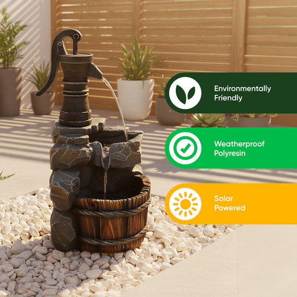 Solar Powered Hand Pump Water Feature – Garden Fountain with Rustic Charm for Patios, Gardens & Outdoor Spaces