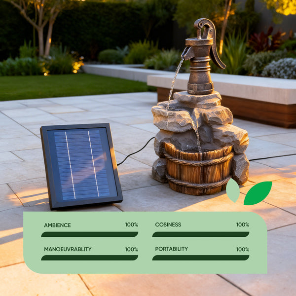 Solar Powered Hand Pump Water Feature – Garden Fountain with Rustic Charm for Patios, Gardens & Outdoor Spaces
