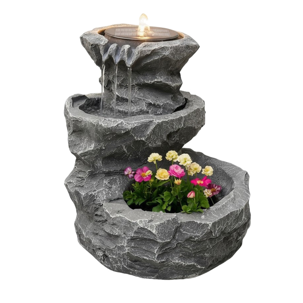 Solar Powered Rock Planter Water Feature with Battery Backup