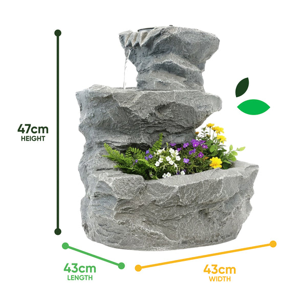 Solar Powered Rock Planter Water Feature with Battery Backup