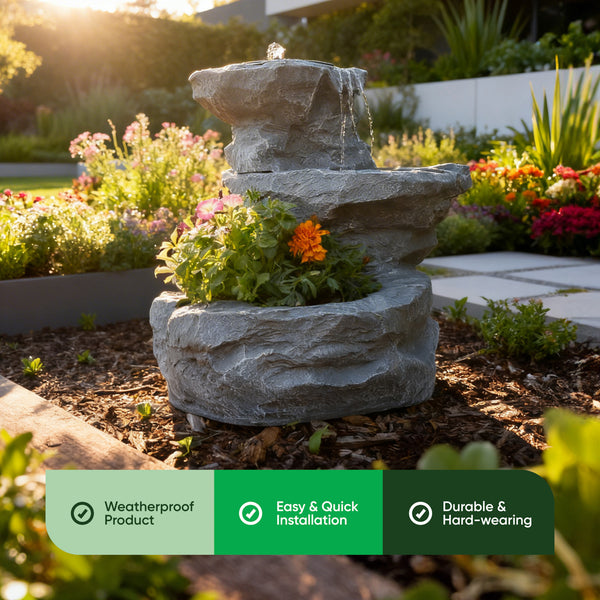Solar Powered Rock Planter Water Feature with Battery Backup