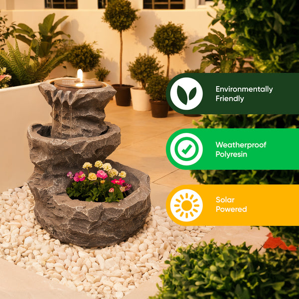 Solar Powered Rock Planter Water Feature with Battery Backup