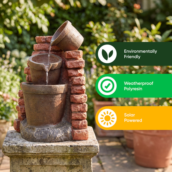 Solar Powered Corner Brick Wall Water Feature with Battery Backup