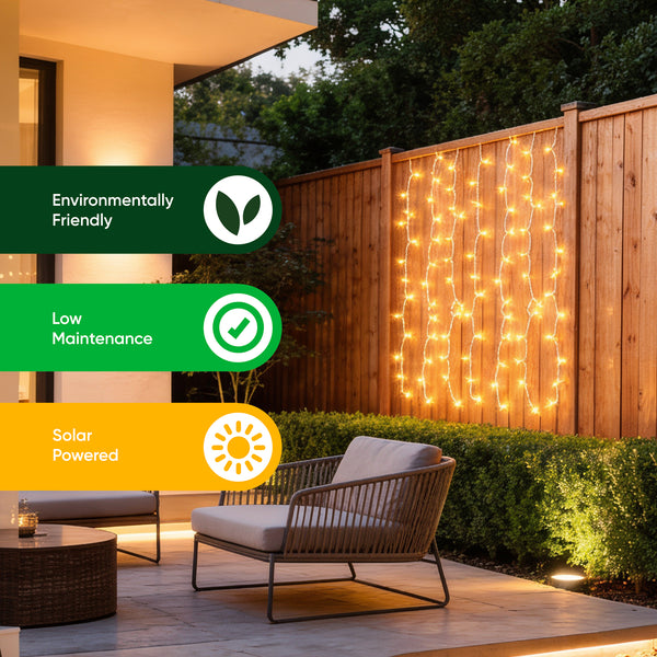 Solar Curtain Lights – 192 LED Warm White Hanging Lights