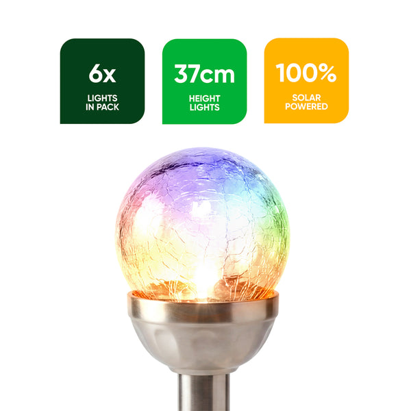 Pack of 6 Solar Stake Lights – Crackle Glass Ball 8cm LED Lights