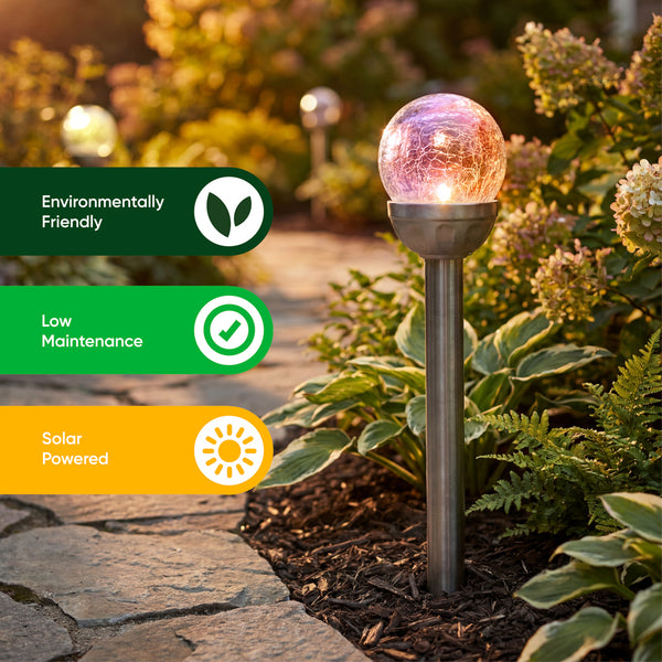 Pack of 6 Solar Stake Lights – Crackle Glass Ball 8cm LED Lights