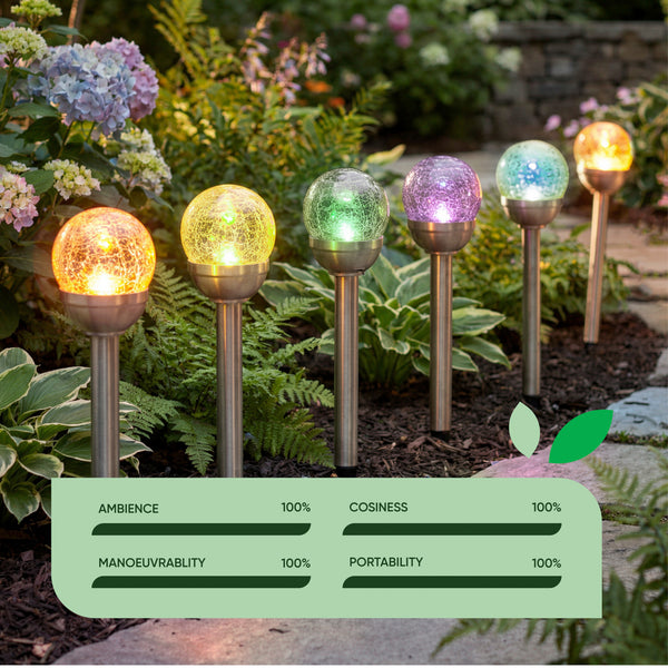 Pack of 6 Solar Stake Lights – Crackle Glass Ball 8cm LED Lights