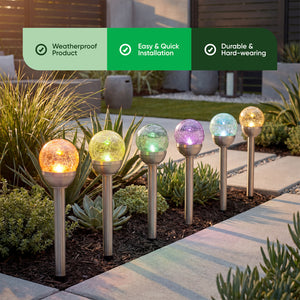 Pack of 6 Solar Stake Lights – Crackle Glass Ball 8cm LED Lights