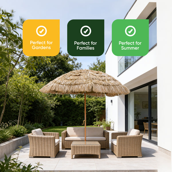 Garden Parasol – Straw Beach Umbrella with Tilt & Wooden Pole