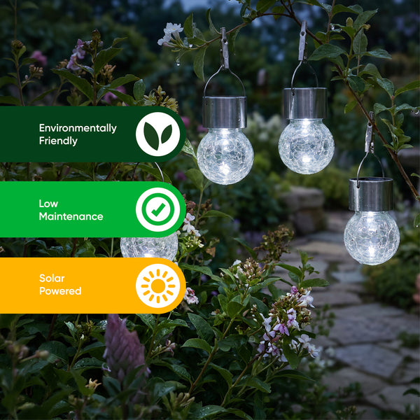 Pack of 4 Solar Hanging Lights – Crackle Glass Ball LED Lights