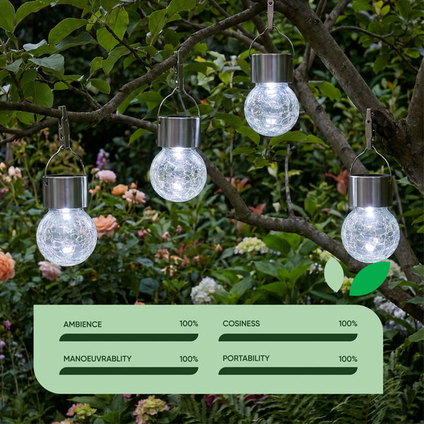 Pack of 4 Solar Hanging Lights – Crackle Glass Ball LED Lights