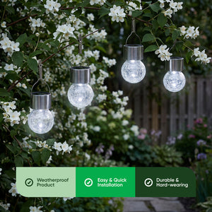 Pack of 4 Solar Hanging Lights – Crackle Glass Ball LED Lights
