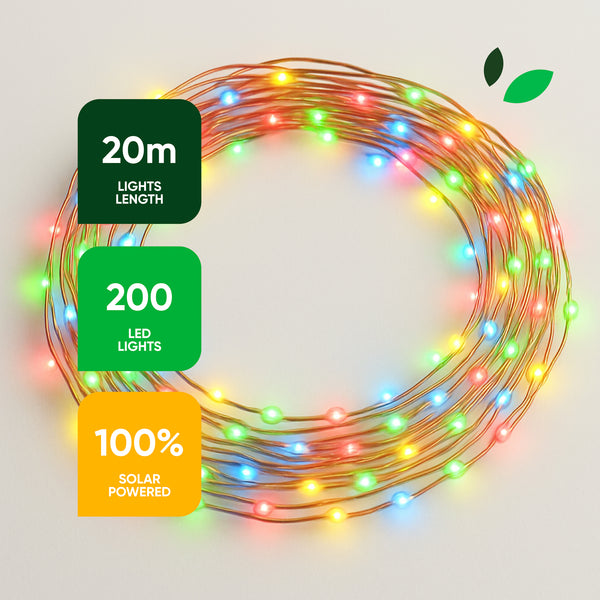 20m Solar Multi-Coloured LED String Lights – 200 LEDs