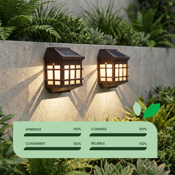 Pack of 2 Solar Fence Lights – Lantern Style LED Wall Lights