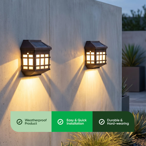 Pack of 2 Solar Fence Lights – Lantern Style LED Wall Lights