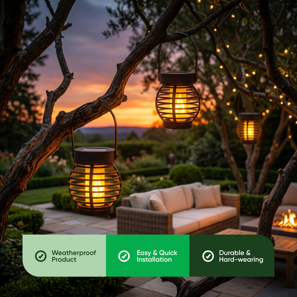 Pack of 3 Solar Hanging Lanterns – Mini Flame Effect LED Lights