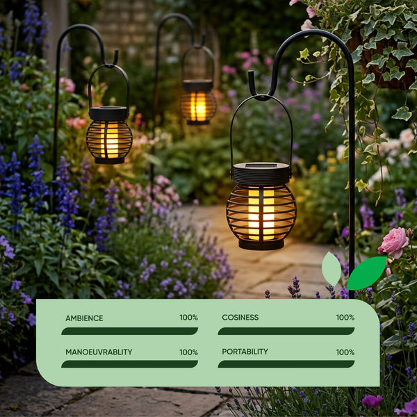 Pack of 3 Solar Hanging Lanterns – Mini Flame Effect LED Lights