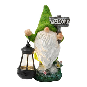 Solar Garden Ornament – Gonk with LED Lantern & Welcome Sign
