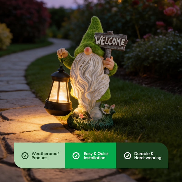 Solar Garden Ornament – Gonk with LED Lantern & Welcome Sign