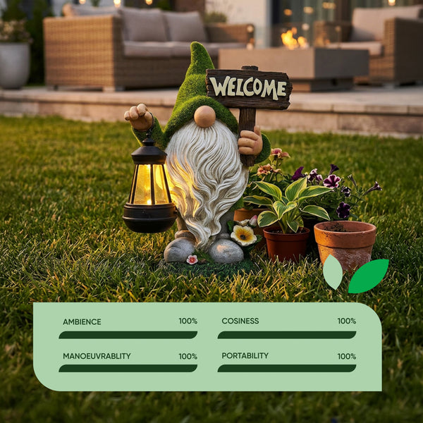 Solar Garden Ornament – Gonk with LED Lantern & Welcome Sign