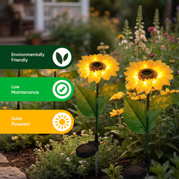 Pack of 4 Solar Sunflower Stake Lights – Warm White LED Garden Lights