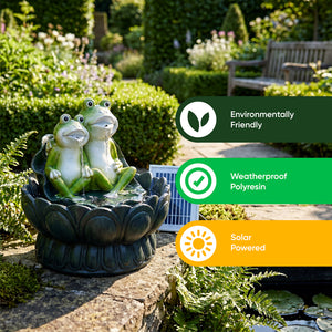 Solar Powered Two Frogs on a Lily Pad Water Feature with LED Light & Battery Backup