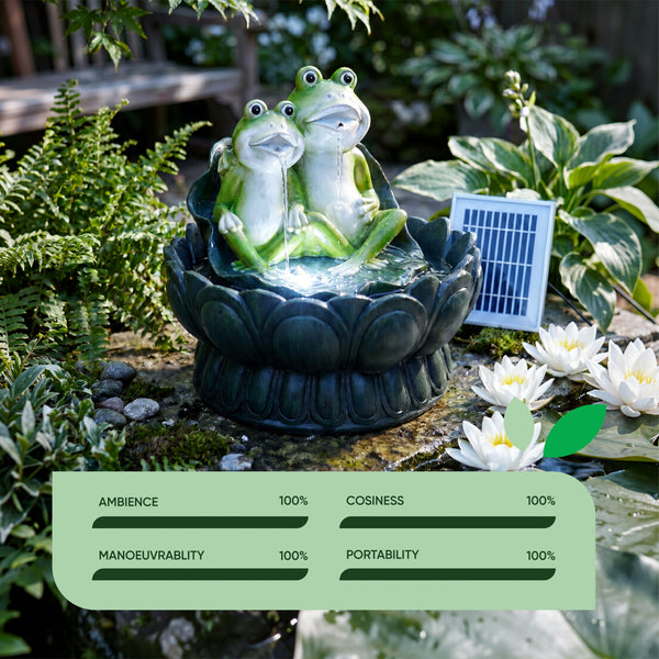 Solar Powered Two Frogs on a Lily Pad Water Feature with LED Light & Battery Backup