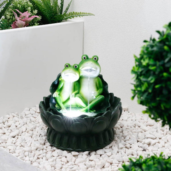 Solar Powered Two Frogs on a Lily Pad Water Feature with LED Light & Battery Backup