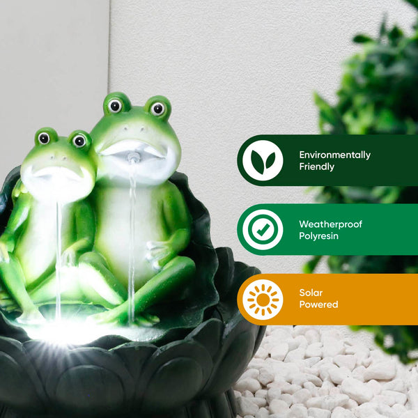 Solar Powered Two Frogs on a Lily Pad Water Feature with LED Light & Battery Backup