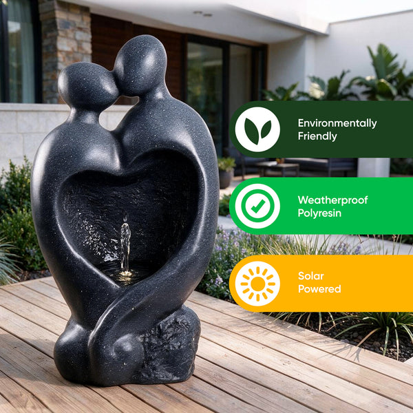 Solar Powered Carved Lovers Water Feature with LED Light & Battery Backup