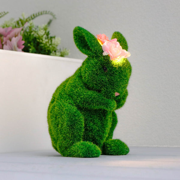 Solar Topiary Bunny Garden Ornament with Pink Flowers