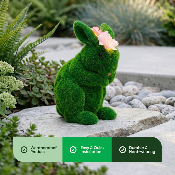 Solar Topiary Bunny Garden Ornament with Pink Flowers