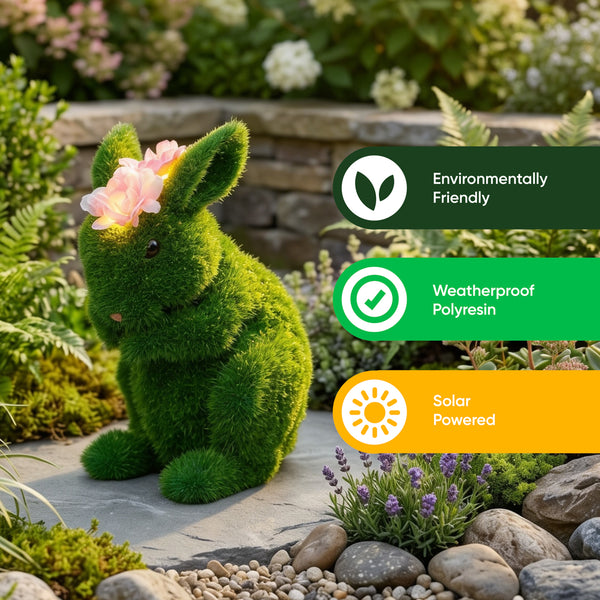 Solar Topiary Bunny Garden Ornament with Pink Flowers